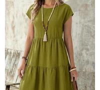 Abito casual da donna a maniche corte, stile lino-simile, verde, scollo tondo, lunghezza media, primavera/estate L,M,S,XL,XSColore unicoTessuto intrecciato