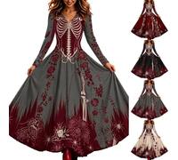 Abito Casual da Donna a Maniche Lunghe con Scollo a V e Stampa di Halloween | Vestiti Da Cerimonia Mamma Sposa 18esimo Damigelle La Cost Velluto Pantaloncino Scontati Pera Grigio Pinella Solidali