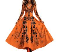 Abito Casual da Donna a Maniche Lunghe con Scollo a V e Stampa di Halloween | Vestiti Da Cerimonia Mamma Sposa 18esimo Damigelle La Cost Velluto Pantaloncino Scontati Pera Grigio Pinella Solidali