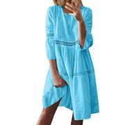 Abito casual da donna, abiti estivi, ampio scollo rotondo, abito da spiaggia alla moda, abiti corti comodi con maniche a 3/4, abito estivo in cotone tinta unita leggero prendisole, Blu, M