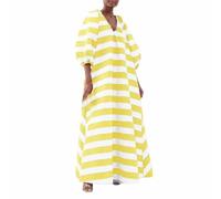 Abito casual da donna, asimmetrico, a righe, con scollo a V e maniche a palloncino, abito a tunica largo per un comfort quotidiano, abito estivo leggero e arioso, giallo., L