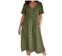 Abito casual da donna con scollo a V, in cotone e lino, a maniche corte, con bottoni, taglie forti, abito midi con tasca larga, A08 # Verde militare, 4XL