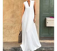 Abito casual da donna con scollo a V, senza maniche, a-line, in tessuto simile al lino L,M,S,XLColore unicoTessuto intrecciato