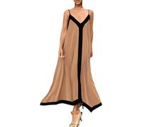 Abito casual da donna con spalline sottili a contrasto di colore abito con scollo a V spalline sottili eleganti abiti da festa di nozze senza maniche maxi abito fluido, cachi, XL