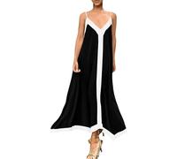Abito casual da donna con spalline sottili a contrasto di colore abito con scollo a V spalline sottili eleganti abiti da festa di nozze senza maniche maxi abito fluido, Nero , XL
