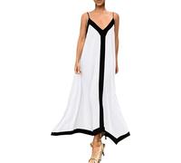 Abito casual da donna con spalline sottili a contrasto di colore abito con scollo a V spalline sottili eleganti abiti da festa di nozze senza maniche maxi abito fluido, bianco, M
