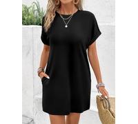 Abito casual da donna, con tasche, a maniche corte, resistente alle pieghe, lunghezza sopra il ginocchio