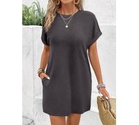 Abito casual da donna, con tasche, a maniche corte, resistente alle pieghe, lunghezza sopra il ginocchio