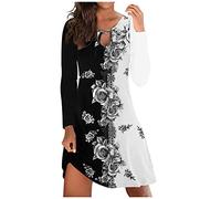 Abito casual da donna, elegante, con stampa a maniche lunghe, stile retrò, con stampa, scollo rotondo, slim fit, lunghezza al ginocchio, per la primavera, l'estate, casual, per la spiaggia, per