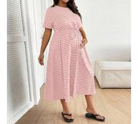 Abito casual da donna in taglia comoda, a righe, con scollo rotondo e vita annodata, adatto per gravidanza, vacanze e uso quotidiano 0XL,1XL,2XL,3XL,4XL,5XLA strisceTessuto in maglia