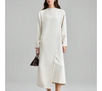 Abito casual da donna in tessuto morbido e confortevole simile al lino, con colletto alla coreana, linea ad A asimmetrica, fiocco decorativo sul davanti. Elegante e adatto per l'ufficio, serie minimal