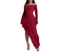 Abito casual da donna senza spalline asimmetrico maxi abito lungo tinta unita con una spalla per la gita quotidiana in estate, Colore: rosso, XXL