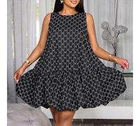 Abito casual da donna taglie forti per primavera ed estate, senza maniche, collo rotondo, ampio, con gonna a trapezio e stampa di boccioli floreali con fiocco kaki sull'orlo (motivo casuale), adatto p