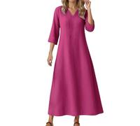 Abito casual da donna, vestibilità larga, scollo a V, abito midi lusinghiero, colore puro, versatile a strati, maniche a tre quarti, abbigliamento comodo per tutti i giorni, A-hot rosa, XL