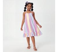 Abito casual da ragazza a fascia con stampa a righe multicolori arcobaleno e balze, adatto per vacanze 7Y,8Y,9Y,10Y,11Y,12Y,13YOmbrato,Righe di arcobalenoPoliestere