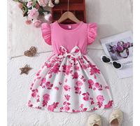Abito casual da ragazza, con maniche arricciate, fiocco e stampa a rose, adatto per l'estate 6Y,7Y,4Y,5Y,2-3YFlorealeTessuto