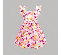 Abito casual da ragazza giovane con maniche a palloncino, fiocco sulla schiena, stampa floreale ditsy, vita stretta. Alla moda, versatile, adatto per feste, uscite, servizi fotografici con la sorella,