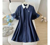 Abito casual da ragazza per bambini e pre-adolescenti, stile accademico, lunghezza 7/8, arricciato, svasato, maniche lunghe, colletto a contrasto, piccolo logo con ricamo a cavallo, a trapezio, blu na