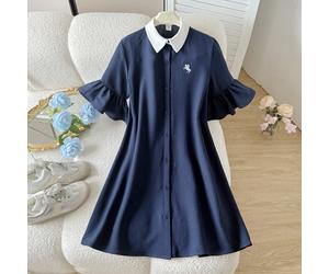 Abito casual da ragazza per bambini e pre-adolescenti, stile accademico, lunghezza 7/8, arricciato, svasato, maniche lunghe, colletto a contrasto, piccolo logo con ricamo a cavallo, a trapezio, blu na