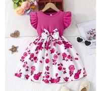 Abito casual da ragazza per vacanze estive, con maniche a volant, fiocco e stampa a rose 6Y,7Y,4Y,5Y,2-3YFlorealeTessuto