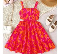 Abito casual da vacanza e festa per ragazze pre-adolescenti, colore unito con orlo arricciato, outfit per la Festa della Mamma, laurea, abbinamento mamma e figlia 8Y,9Y,10Y,11Y,12YPiantePoliestere