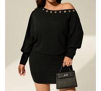 Abito casual di moda da donna taglie forti con maniche a pipistrello e design con scollo a buco della serratura di colore unito 0XL,1XL,2XL,3XL,4XLColore unicoTessuto in maglia