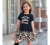 Abito casual e comodo da ragazza con collo rotondo, manica corta, tinta unita, un mix di stampa leopardata con volant sull'orlo 6Y,7Y,4Y,5YGraficoTessuto