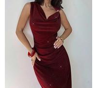 Abito casual ed elegante da donna in seta lucida con collo a scialle, colore rosso borgogna, adatto per feste, matrimoni, balli, autunno, Capodanno, carnevale, laurea, occasioni speciali L,M,S,XL,XS,X