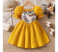 Abito casual ed elegante da ragazza con colletto quadrato, maniche a palloncino e stampa floreale a rose, adatto per primavera/estate 6Y,7Y,4Y,5YPianteTessuto