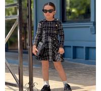 Abito casual ed elegante da ragazza con collo rotondo, design patchwork a quadri, lunghezza media, adatto per la scuola, uso casual quotidiano, autunno/inverno, occasioni di festa 6Y,7Y,4Y,5YPoliester