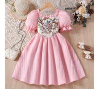 Abito casual ed elegante da ragazza per primavera/estate, con colletto quadrato, maniche a palloncino e stampa floreale a rose 6Y,7Y,4Y,5YPianteTessuto