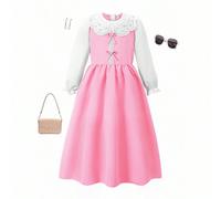 Abito casual ed elegante per ragazze per il ritorno a scuola, con colletto in pizzo, decorazione a fiocco e pannelli in colore a contrasto, adatto per la stagione primaverile/autunnale scolastica 8Y,9