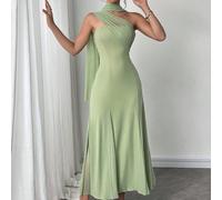 Abito casual ed elegante verde menta con nastro e schiena scoperta da donna, indossabile in tre modi diversi, abbinabile con vari outfit, adatto per uscite casual quotidiane, vacanze al mare, feste in