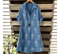 Abito casual elegante con scollo a V, stampa ricamata, stile francese, taglie comode per donna. Bluse estive in lino, top casual estivi per donna. 0XL,1XL,2XL,3XL,4XLStampa CasualeTessuto intrecciato