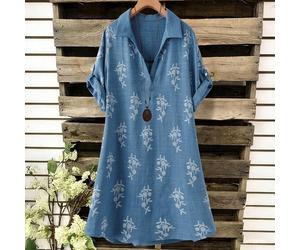 Abito casual elegante con scollo a V, stampa ricamata, stile francese, taglie comode per donna. Bluse estive in lino, top casual estivi per donna. 0XL,1XL,2XL,3XL,4XLStampa CasualeTessuto intrecciato
