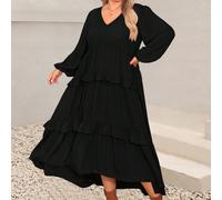 Abito casual elegante da donna taglie forti, a tinta unita, con scollo a V, maniche a lanterna e balze sul fondo, colore nero, per la primavera 0XL,1XL,2XL,3XL,4XLTessuto intrecciato