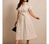 Abito casual elegante da donna taglie forti con scollo a V e maniche corte, per brunch formale della Festa degli Insegnanti, beige, estivo 0XL,1XL,2XL,3XL,4XLColore unicoTessuto intrecciato