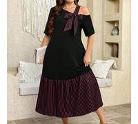 Abito casual elegante da donna taglie forti nero a righe per l'autunno, con spalle scoperte oblique, fiocco annodato davanti, stile retrò per la festa della mamma e la chiesa 0XL,1XL,2XL,3XL,4XLMotivo