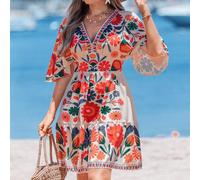 Abito casual, elegante e da resort per donne, con scollo a V, vita aderente, balze sull'orlo, maniche a campana, motivo floreale colorato, adatto per concerti country, festival e rave, per primavera/e