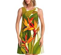 Abito casual estivo da donna con stampa uccello tropicale del paradiso, abito da spiaggia, gonna da vacanza, abito rotondo senza maniche alla moda, Nero , 3XL