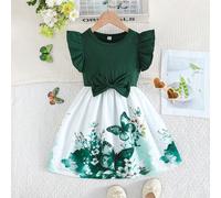 Abito casual estivo da ragazza con maniche a volant, fiocco e stampa floreale a rose localizzata 6Y,7Y,4Y,5Y,2-3YPianteTessuto