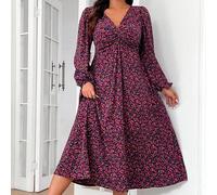 Abito casual floreale con maniche a lanterna, taglia curvy, adatto per la primavera e l'autunno, abiti da donna eleganti per l'estate 0XL,1XL,2XL,3XL,4XL,5XLPiante,Fiorellini,stampa dappertuttoTessuto