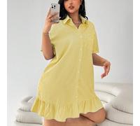 Abito casual oversize a maniche corte con righe blu navy e bianche, balze e orlo arricciato, adatto per pendolarismo, ritorno a scuola, uso quotidiano, appuntamenti, uscite 0XL,1XL,2XL,3XL,4XLColore u
