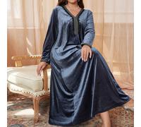 Abito casual oversize in velluto da donna con scollo a V, orlo in pizzo e maniche lunghe, ideale per l'autunno/inverno, abito maxi modesto in stile casual, abito caftano arabo 0XL,1XL,2XL,3XL,4XLColor