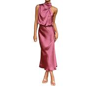 Abito casual per donna manica corta estate da donna abito in raso formale lungo con collo a collo alto senza maniche Flowy Maxi Tank Abiti, Rosa acceso, S
