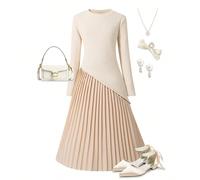 Abito casual versatile ed elegante da ragazza, con top in maglia a costine e gonna plissettata, adatto per la scuola, gli spostamenti, le uscite e le passeggiate, abbinabile a giacche, cappotti e pium