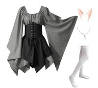 Abito Celtico Donna Pipistrello Elegante Costumi Di Halloween Vittoriano Vintage Vestito Da Steampunk Con Corsetto Carnevale con Orecchie da Elfo, Collana, Calze Sopra il Ginocchio