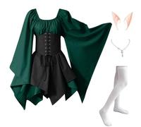 Abito Celtico Donna Pipistrello Elegante Costumi Di Halloween Vittoriano Vintage Vestito Da Steampunk Con Corsetto Carnevale con Orecchie da Elfo, Collana, Calze Sopra il Ginocchio