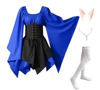 Abito Celtico Donna Pipistrello Elegante Costumi Di Halloween Vittoriano Vintage Vestito Da Steampunk Con Corsetto Carnevale con Orecchie da Elfo, Collana, Calze Sopra il Ginocchio
