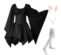 Abito Celtico Donna Pipistrello Elegante Costumi Di Halloween Vittoriano Vintage Vestito Da Steampunk Con Corsetto Carnevale con Orecchie da Elfo, Collana, Calze Sopra il Ginocchio